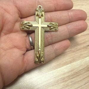 Vintage Gold Tone Cross Pendant Faith Grace Fleur-de-lis Textured Religious